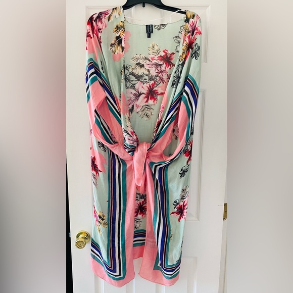 Boho Floral Express one size kimono cover up cape tropical pool side mint & pink - Picture 5 of 7